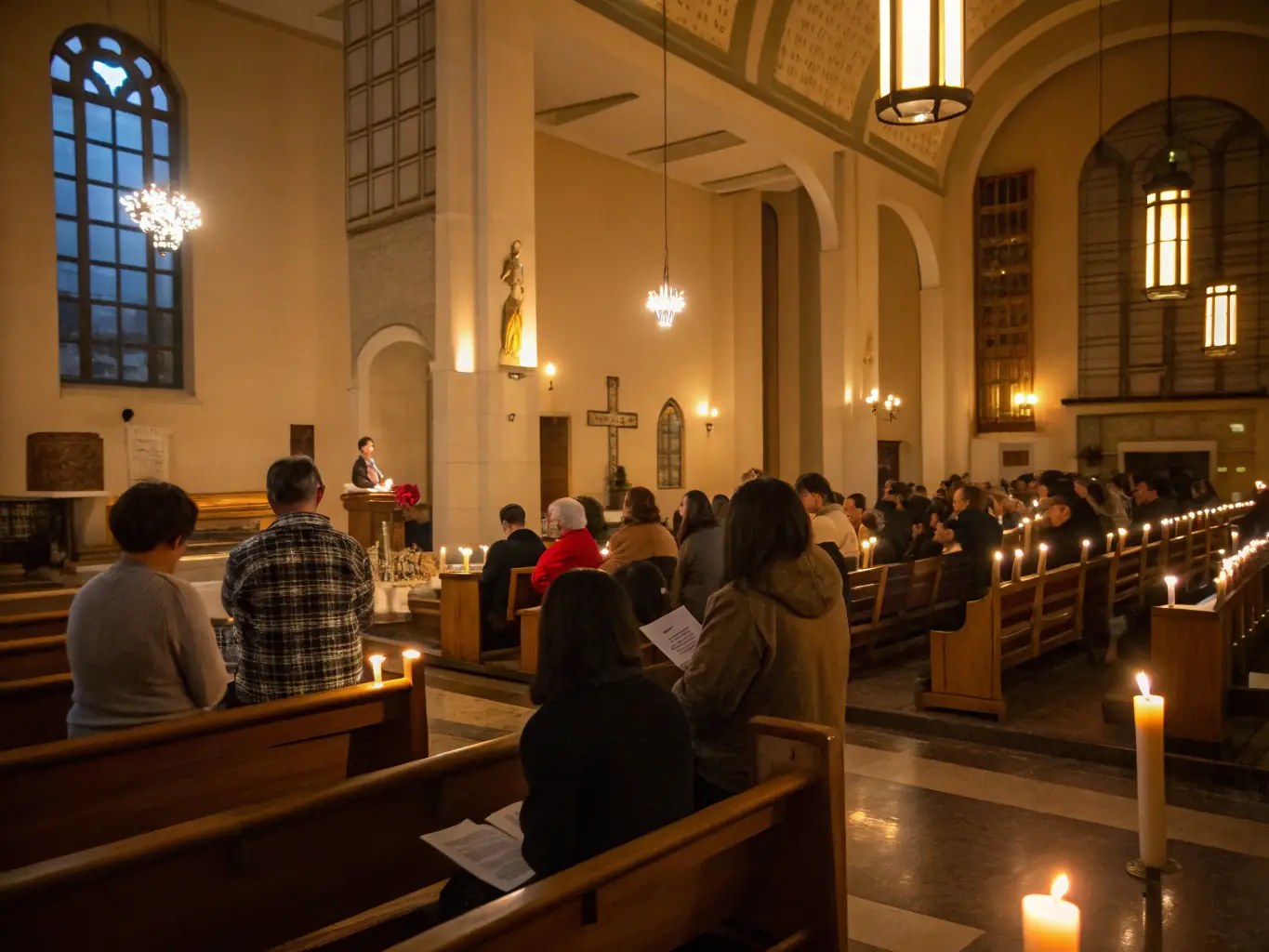 An image of a beautifully lit church interior during a sacred music concert, with musicians performing and an engaged audience, capturing the essence of spiritual and artistic enrichment.