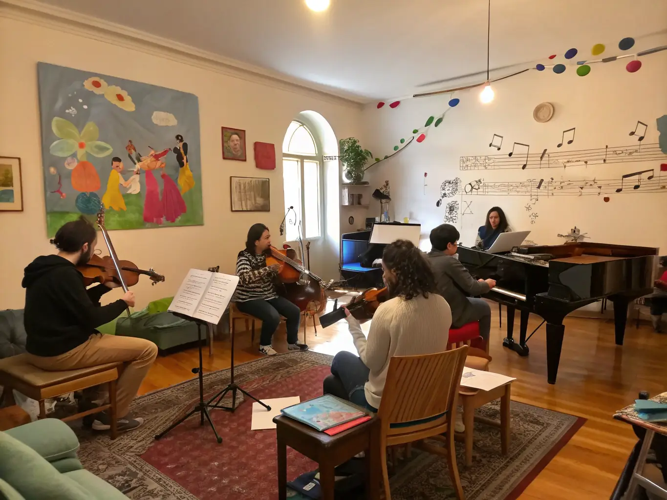 A photo of a group of participants engaged in a hands-on music workshop, with instructors guiding them, showcasing active participation and skill development.