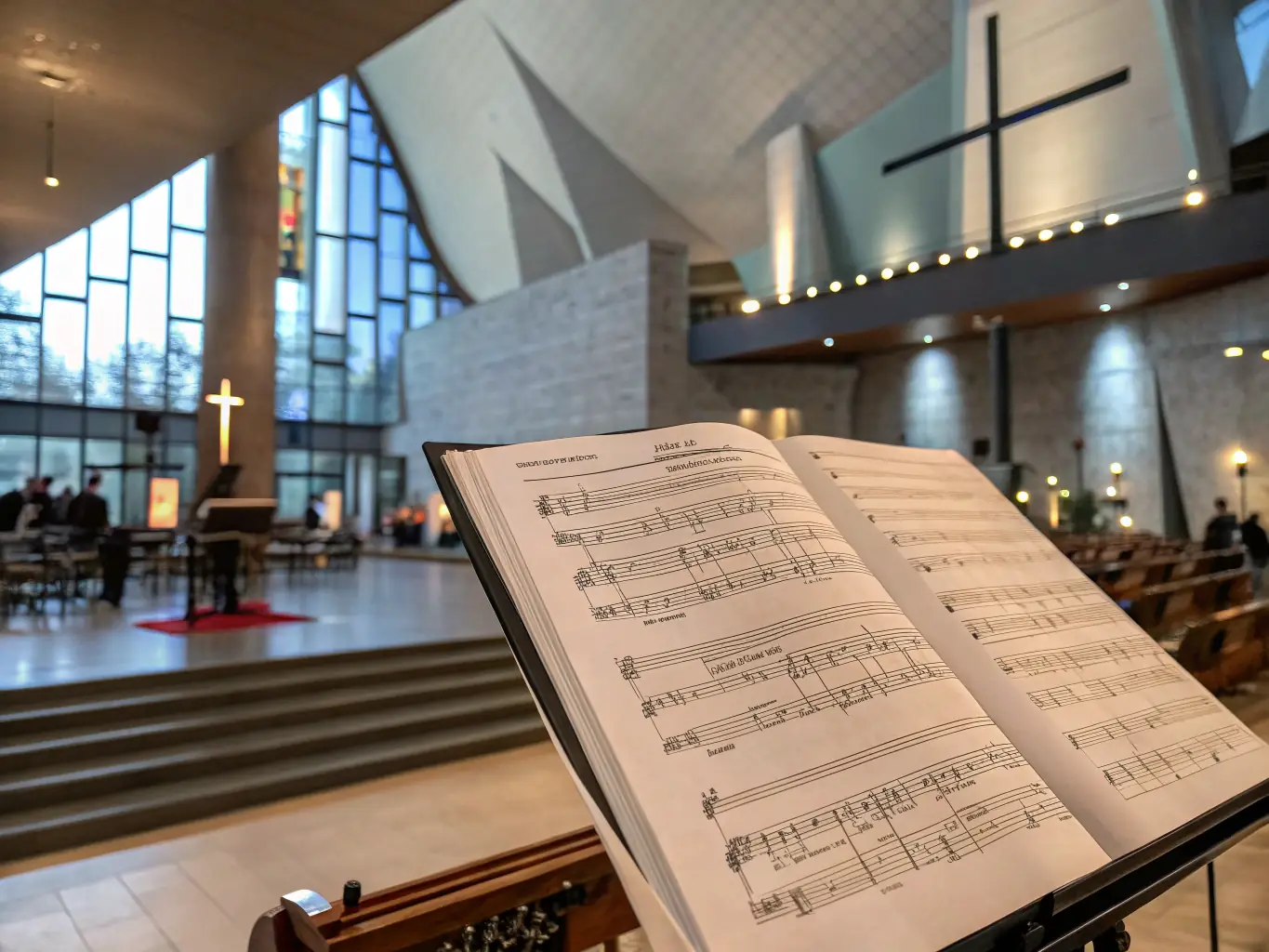 A vibrant image depicting a sacred music concert in a historic church setting, showcasing musicians performing and an engaged audience.